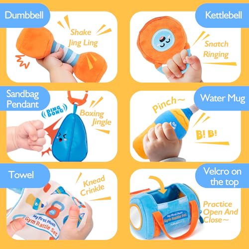 hahaland Baby Toys 6-12 Months - Baby Toys 3-6 Months Montessori Toy for 6 Month Old, Sensory Toy for Babies Workout Weights Dumbbell Toy Set with Soft Rattles Mirror, Christmas Baby Gifts - Image 3