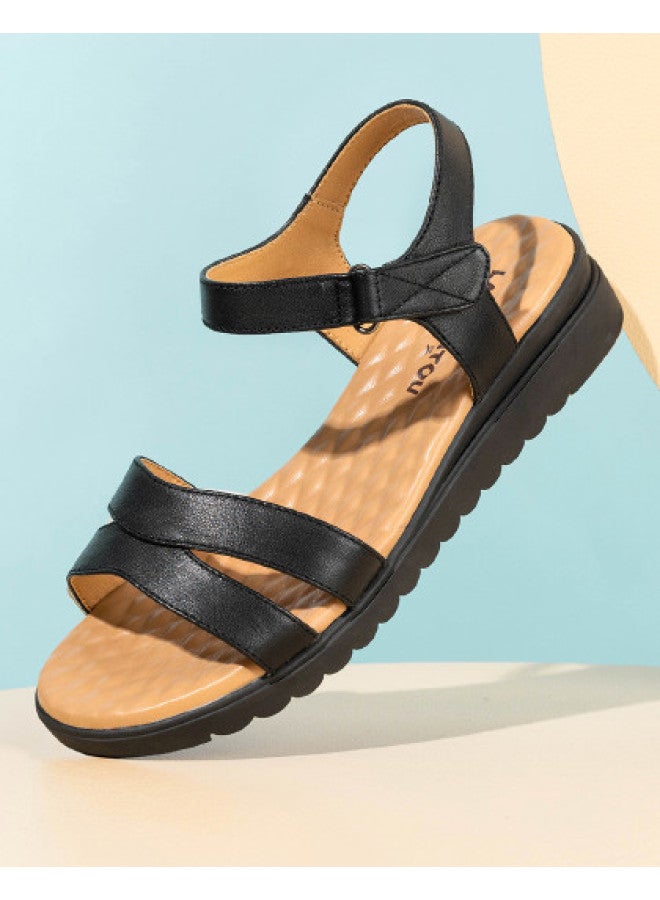 Old Man'S Head Top Grain Leather】women's Sandals - Summer Comfortable Genuine Leather Hook & Loop Sandals With Soft Sole For Middle-aged And Elderly Mothers - Image 1