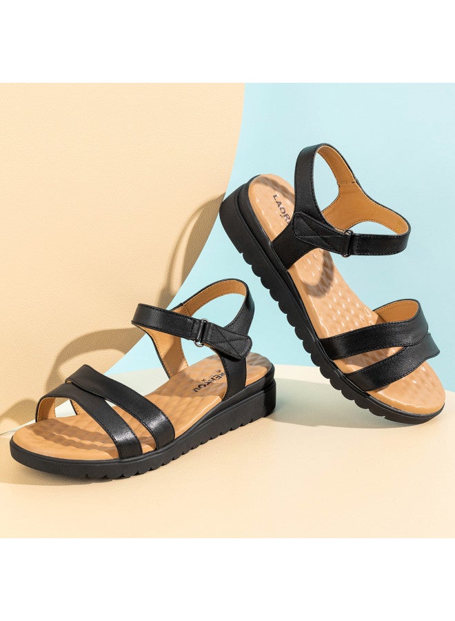 Old Man'S Head Top Grain Leather】women's Sandals - Summer Comfortable Genuine Leather Hook & Loop Sandals With Soft Sole For Middle-aged And Elderly Mothers - Image 2