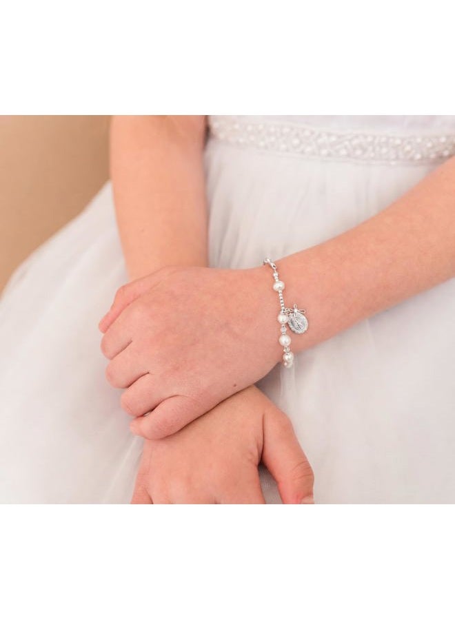 Precious Pieces Children's Sterling Silver Communion Rosary Bracelet with White Cultured Pearl and Crystal (6-6.5") - Image 2