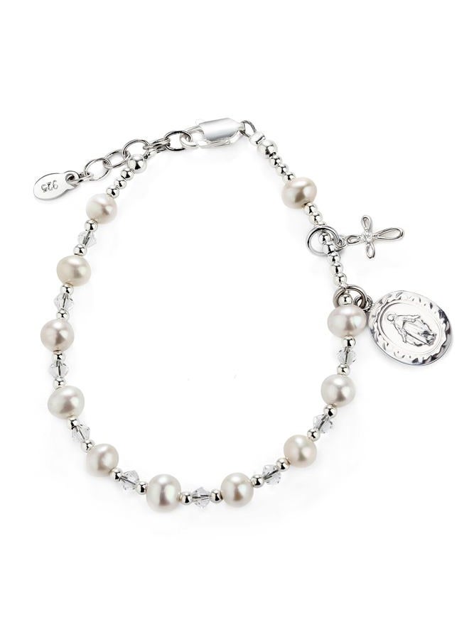 Precious Pieces Children's Sterling Silver Communion Rosary Bracelet with White Cultured Pearl and Crystal (6-6.5") - Image 1