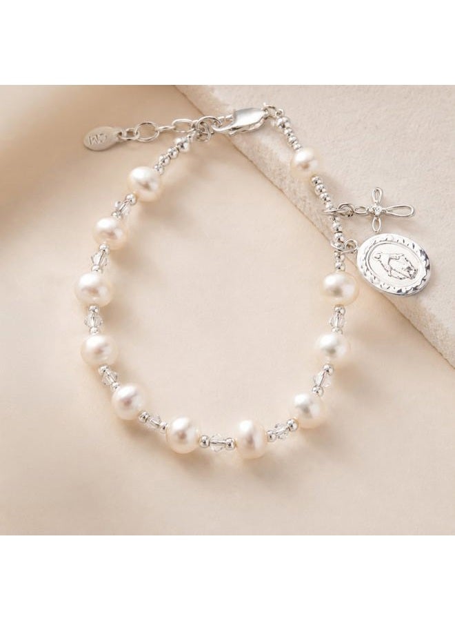 Precious Pieces Children's Sterling Silver Communion Rosary Bracelet with White Cultured Pearl and Crystal (6-6.5") - Image 4