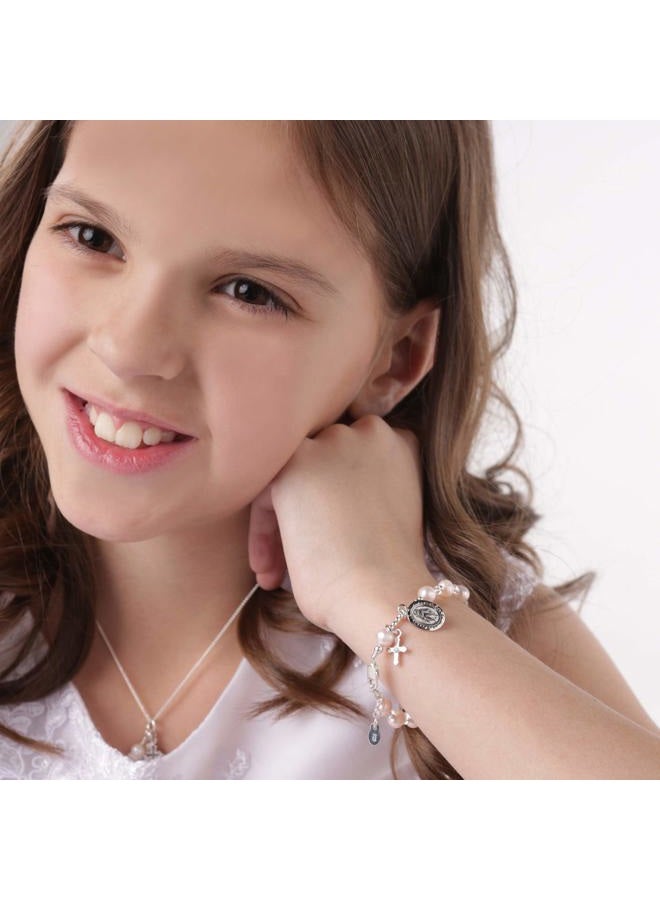 Precious Pieces Children's Sterling Silver Communion Rosary Bracelet with White Cultured Pearl and Crystal (6-6.5") - Image 3