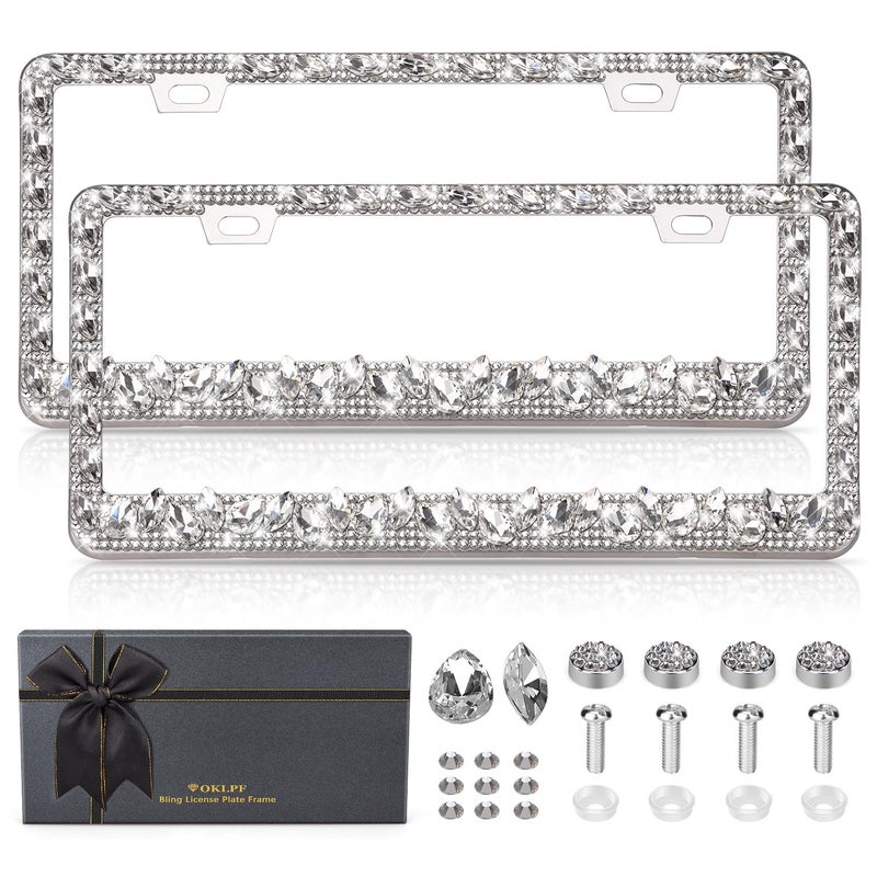 OKLPF Rhinestone Bling License Plate Frames for Women - Sparkle with Glitter Crystals & Diamond Bedazzled License Plate Cover, Fits Standard US Plates, Comes with Anti-Theft Screws & Gift Box(White) - Image 1