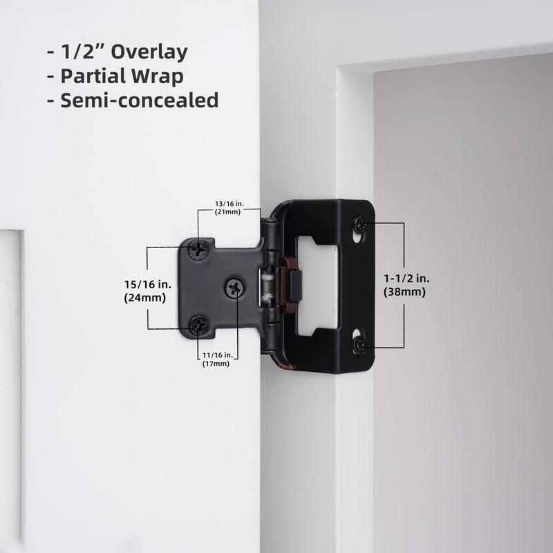Decobasics 60 Pack 1/2"" Overlay Black Cabinet Hinges For Cabint Doors (30 Pairs) - Partial Wrap Semi-Concealed Self-Closing Face Frame Hinge For Cupboard & Kitchen Doors W/Screws & Quiet Bumpers - Image 3