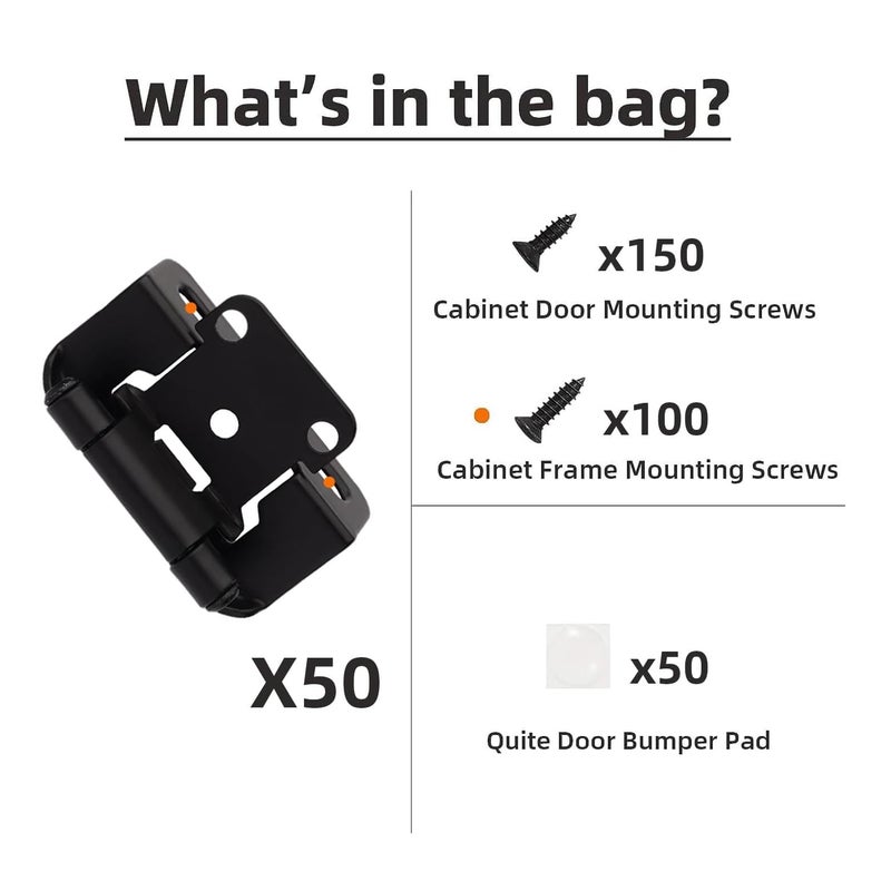 Decobasics 60 Pack 1/2"" Overlay Black Cabinet Hinges For Cabint Doors (30 Pairs) - Partial Wrap Semi-Concealed Self-Closing Face Frame Hinge For Cupboard & Kitchen Doors W/Screws & Quiet Bumpers - Image 5