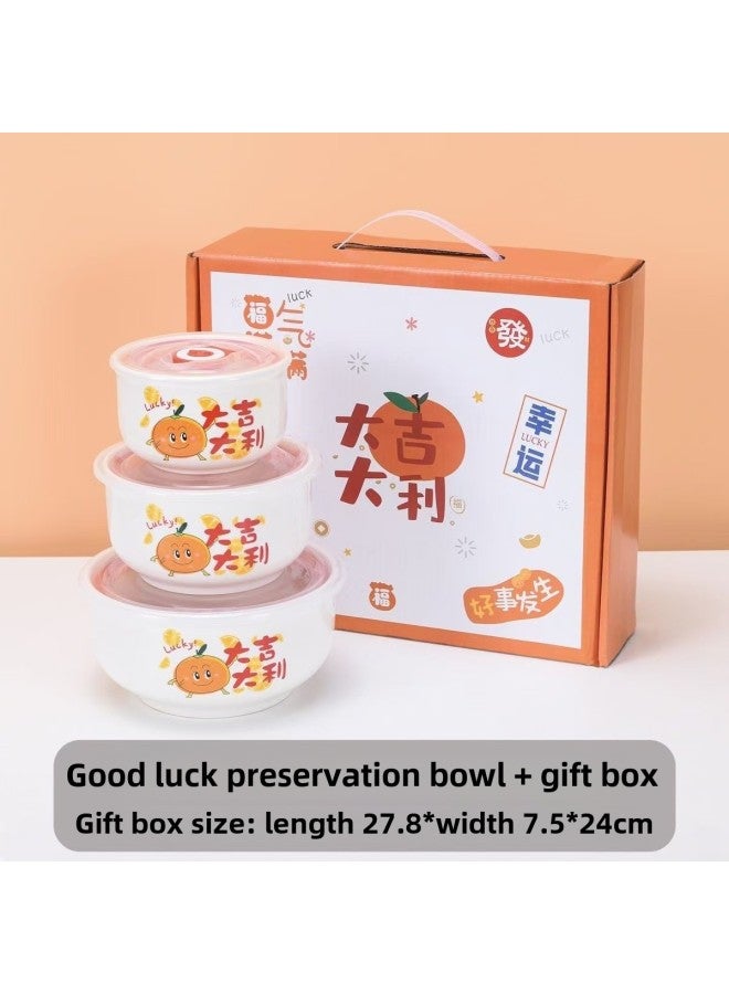 Ceramic Fresh-keeping Bowl Three-piece Sealed Bowl Gift Bowl Set Gift Box Wedding Will Sell Wholesale Printed LOGO-Specifications:Good Luck Preservation Bowl-Color:Preservation Bowl Large Single Color Box/48 Sets Of A Box - Image 1