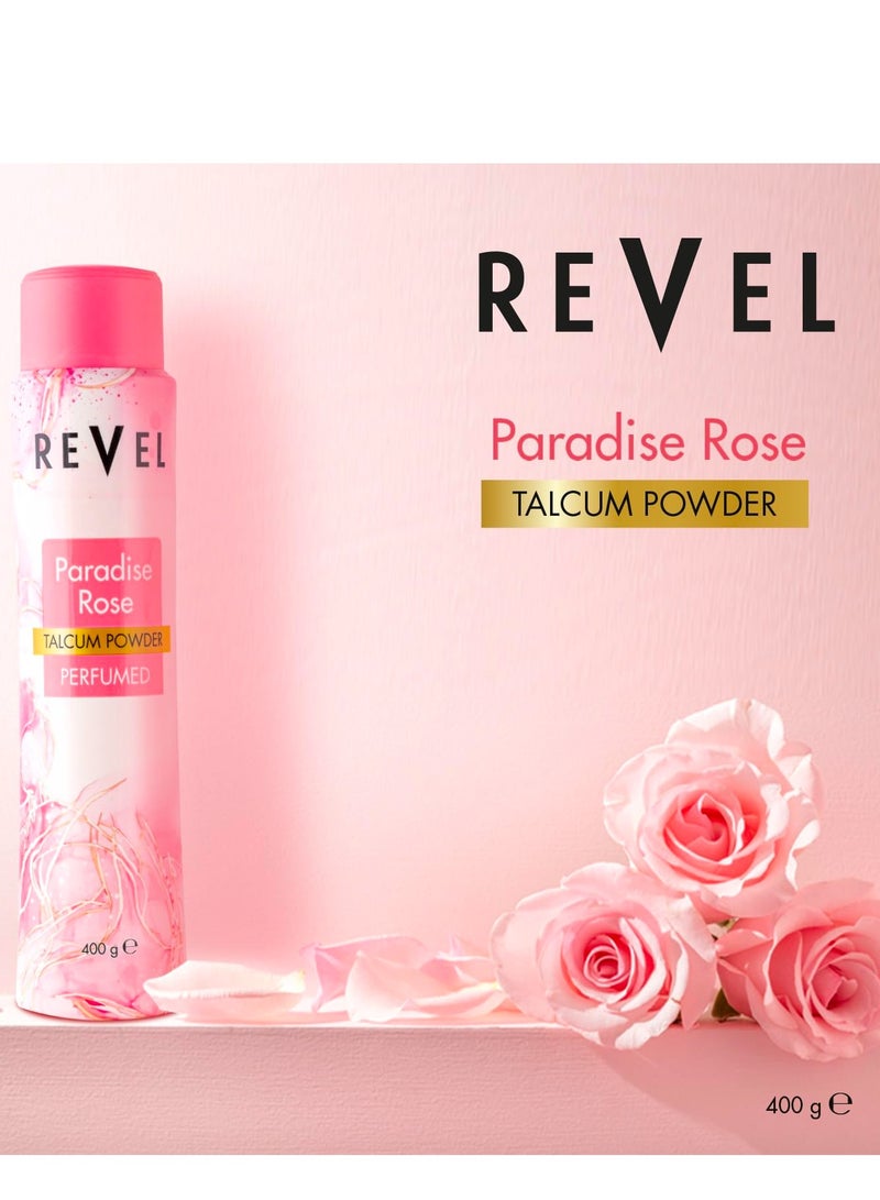 Revel Paradise Rose Perfumed Talcum Powder 400g Pink, Signature Fragrance, Body Powder, Sweat Free, Soft, Scented All Day, For All Skin Type - Image 2