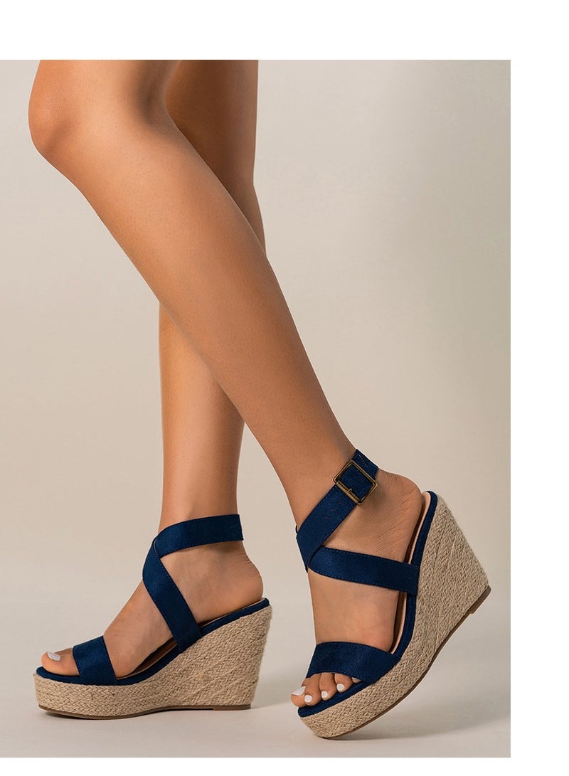 Loquat Summer High Heels With Open-Toed Wedge Sandals Blue - Image 1