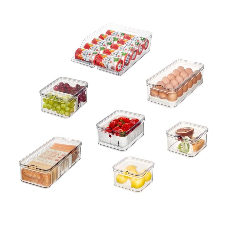 iDesign Crisp 7Piece Recycled Plastic Refrigerator Organizer Bin Set with Lids ClearWhite