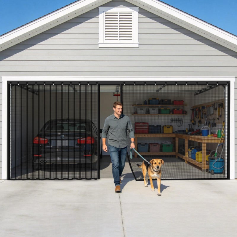 FEGO Sliding Garage Door Screen for 2 Car Garage 16x7FT, Sliding Screen Door with Track Cloure& Retractable Fiberglass Mesh, Heavy Duty Weighted Bottom with Sleeve, Easy Assembly &Pass for Garage/Patio - Image 1