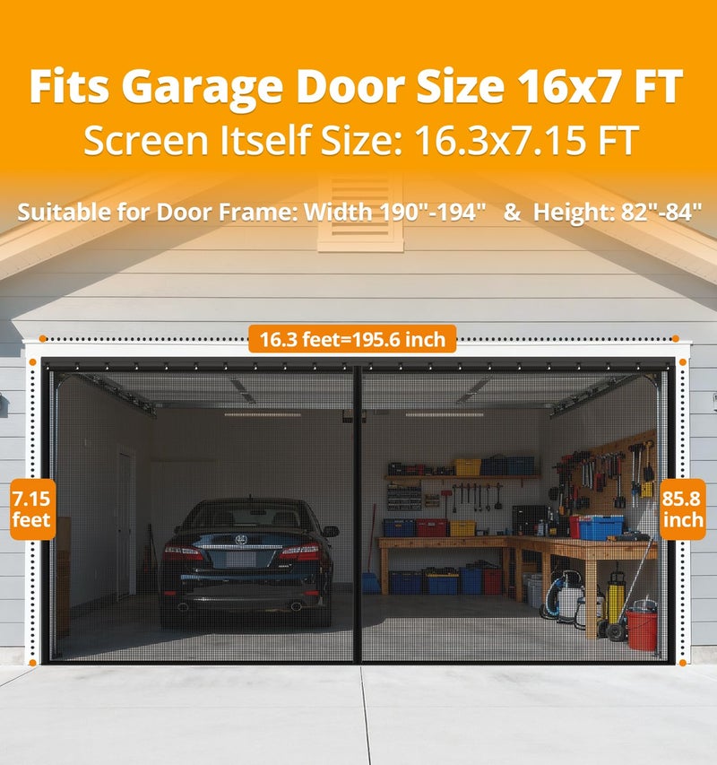 FEGO Sliding Garage Door Screen for 2 Car Garage 16x7FT, Sliding Screen Door with Track Cloure& Retractable Fiberglass Mesh, Heavy Duty Weighted Bottom with Sleeve, Easy Assembly &Pass for Garage/Patio - Image 3