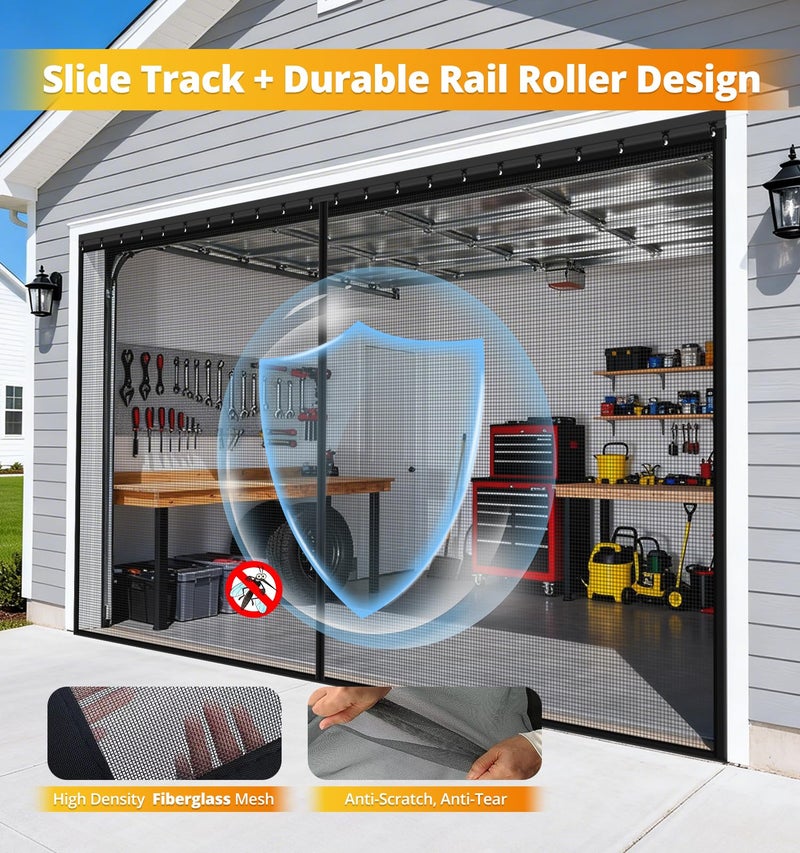 FEGO Sliding Garage Door Screen for 2 Car Garage 16x7FT, Sliding Screen Door with Track Cloure& Retractable Fiberglass Mesh, Heavy Duty Weighted Bottom with Sleeve, Easy Assembly &Pass for Garage/Patio - Image 2