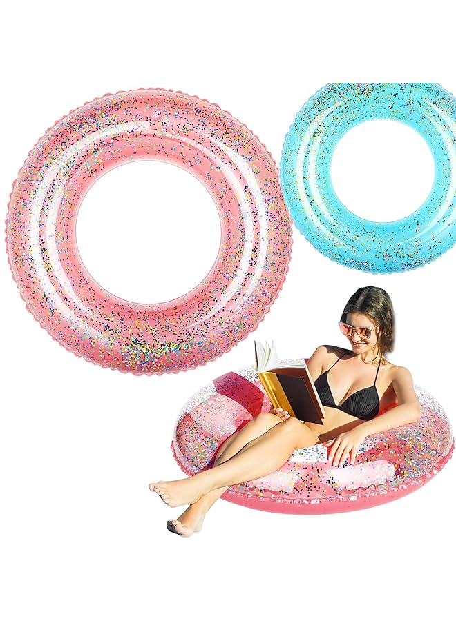 KASTWAVE 2 Pack Swim Rings With Glitter Inflatable Pool Float Tube Transparent Glitter Swim Rings Inner Tubes For Pool Adult Pool Floats Confetti Swim Ring Toys For River Beach Swimming Pool - Image 1