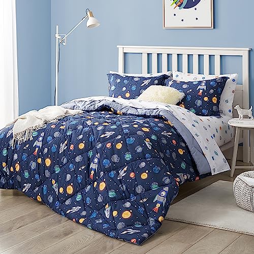 UMCHORD Kids Bedding Set for Boys, Queen Size 7 Pieces Space Themed Bed in a Bag, Super Soft Lightweight Microfiber Comforter Set with Sheets, Children Bed Set, Space, Queen - Image 2