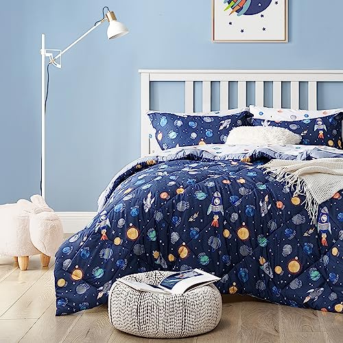 UMCHORD Kids Bedding Set for Boys, Queen Size 7 Pieces Space Themed Bed in a Bag, Super Soft Lightweight Microfiber Comforter Set with Sheets, Children Bed Set, Space, Queen - Image 1