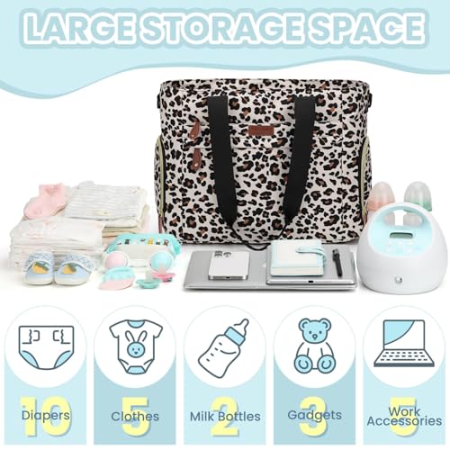 Pritent Diaper Bag Tote for Working Mom Large Travel Diaper Tote for Mom and Dad with 14 Inch Laptop Sleeve Mommy Maternity Travel Baby Bag for Boys and Girls Leopard - Image 3