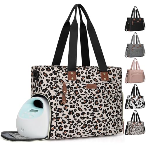Pritent Diaper Bag Tote for Working Mom Large Travel Diaper Tote for Mom and Dad with 14 Inch Laptop Sleeve Mommy Maternity Travel Baby Bag for Boys and Girls Leopard - Image 1