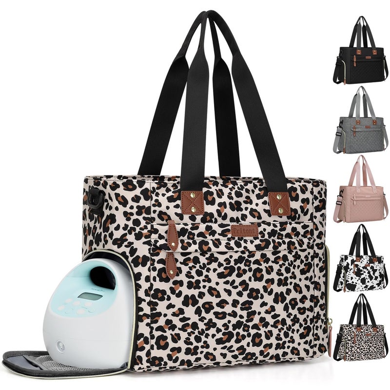 Pritent Diaper Bag Tote for Working Mom Large Travel Diaper Tote for Mom and Dad with 14 Inch Laptop Sleeve Mommy Maternity Travel Baby Bag for Boys and Girls Leopard - Image 2