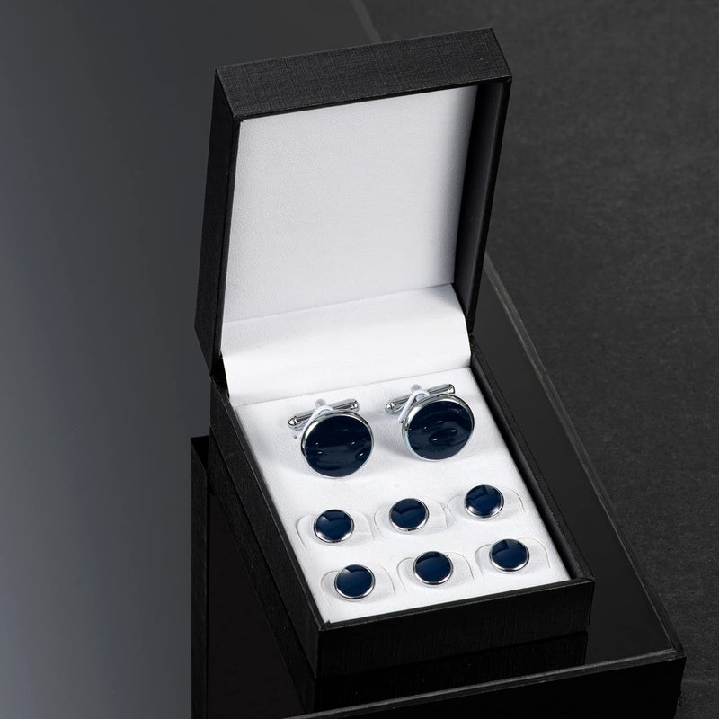 UJOY Cufflinks and Studs Set Blanks Round 4 Colors Shirt Tuxedo Buttons Packed in Cufflink Box for Men XDS05 Blue - Image 5