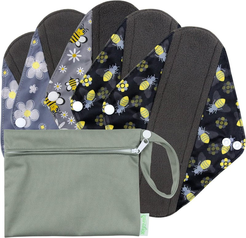 wegreeco Reusable Menstrual Pads for Women - Reusable Sanitary Pads | Reusable Panty Liners | Soft Cloth Menstrual Pads - 5 Pack, 1 Cloth Wet Bag (L, Bee & Bloom)
