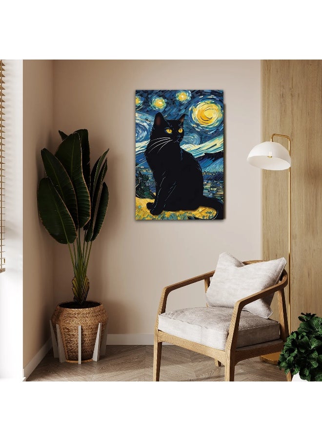 Walliv Van Gogh'S Starry Night Kitty Artwork /Midnight Meow Canvas Wall Painting 50x75 cm.  - Image 1