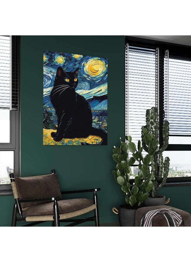 Walliv Van Gogh'S Starry Night Kitty Artwork /Midnight Meow Canvas Wall Painting 50x75 cm.  - Image 2
