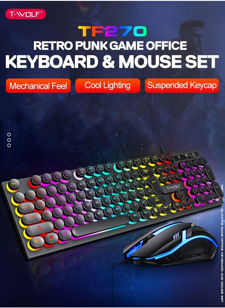 T-WOLF 104-Key Wired Keyboard Mouse Combo Cool Rainbow Color Backlight Retro Punk Style Suspended Keycaps for Office PC Gaming  - Image 2