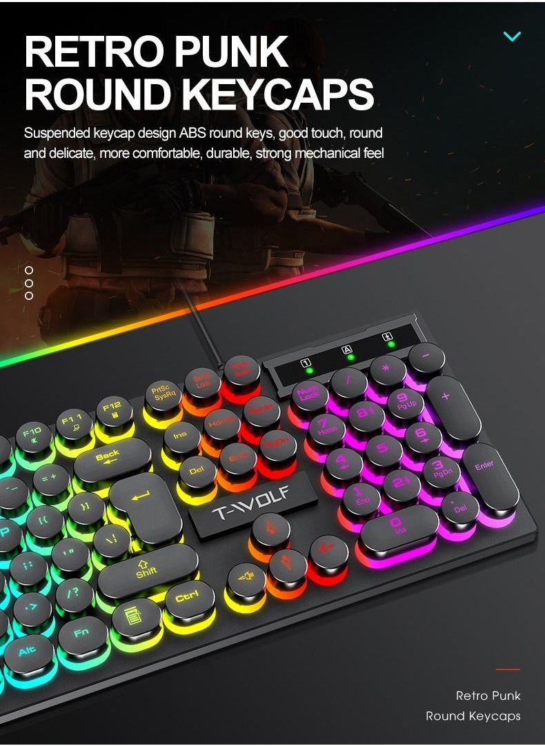 T-WOLF 104-Key Wired Keyboard Mouse Combo Cool Rainbow Color Backlight Retro Punk Style Suspended Keycaps for Office PC Gaming  - Image 5