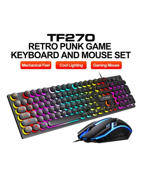 104-Key Wired Keyboard Mouse Combo Cool Rainbow Color Backlight Retro Punk Style Suspended Keycaps for Office PC Gaming