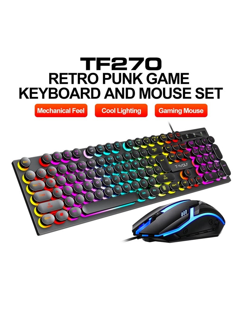 T-WOLF 104-Key Wired Keyboard Mouse Combo Cool Rainbow Color Backlight Retro Punk Style Suspended Keycaps for Office PC Gaming  - Image 1