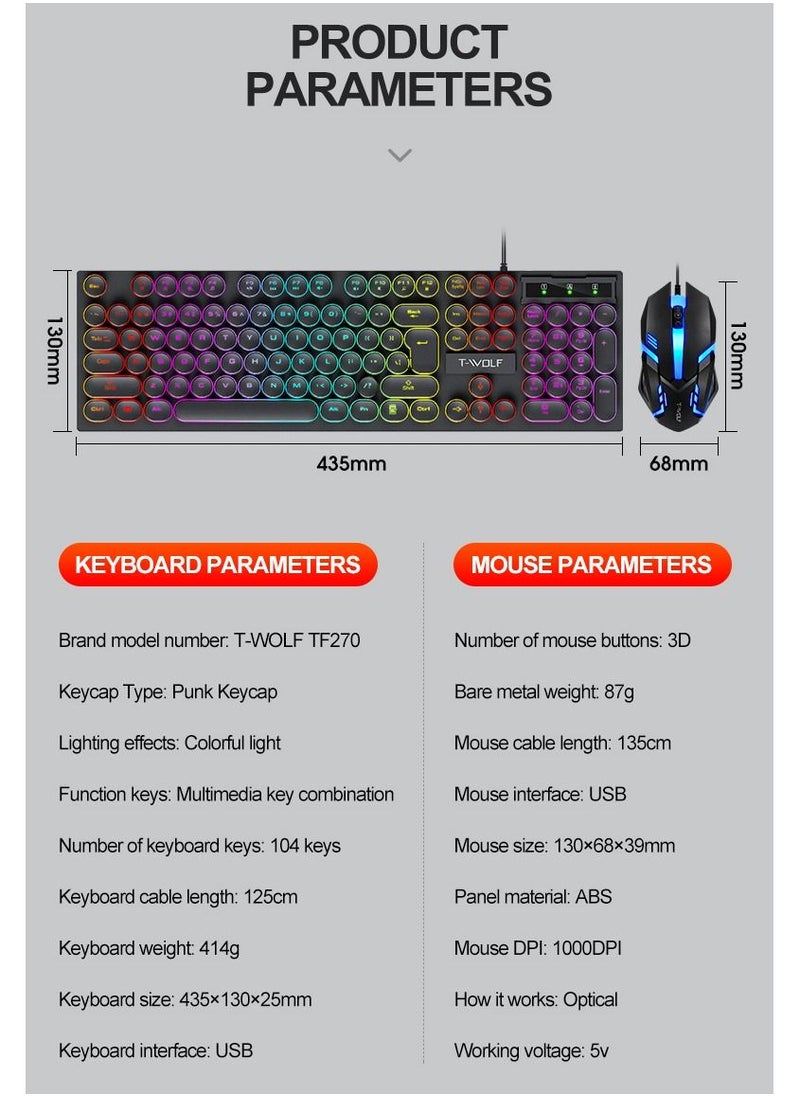 T-WOLF - 104-Key Wired Keyboard Mouse Combo Cool Rainbow Color Backlight Retro Punk Style Suspended Keycaps for Office PC Gaming - Image 1