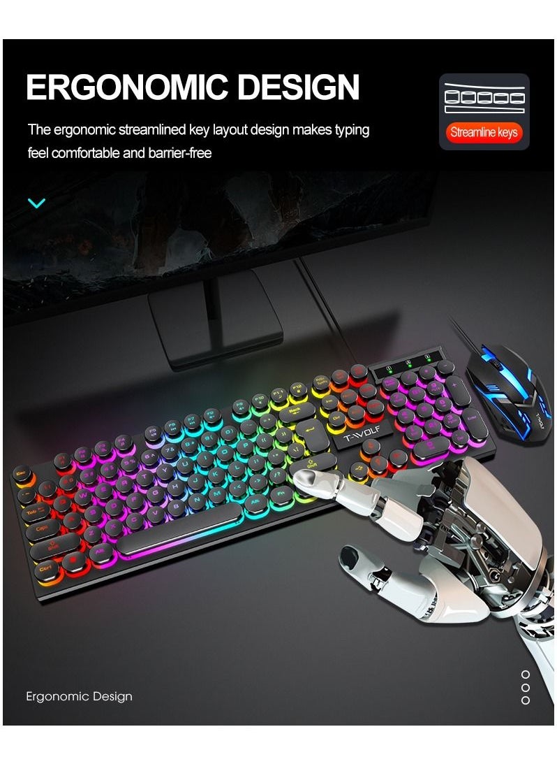 T-WOLF - 104-Key Wired Keyboard Mouse Combo Cool Rainbow Color Backlight Retro Punk Style Suspended Keycaps for Office PC Gaming - Image 1