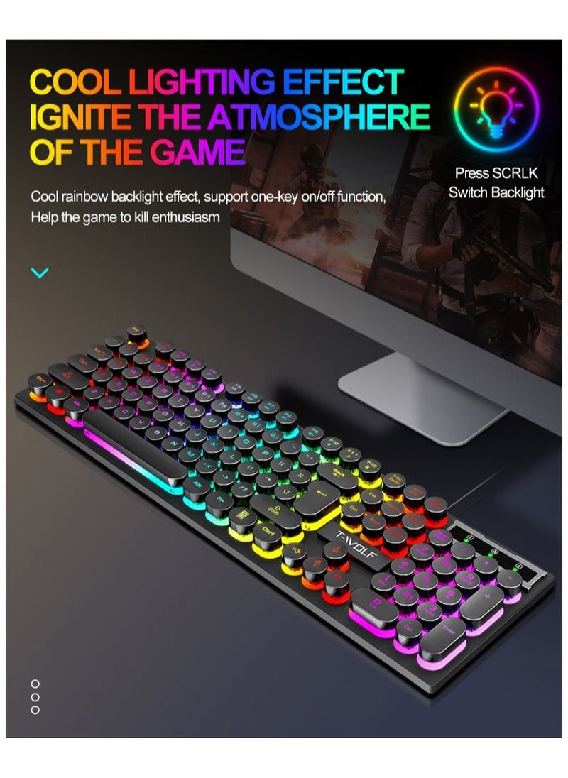 T-WOLF - 104-Key Wired Keyboard Mouse Combo Cool Rainbow Color Backlight Retro Punk Style Suspended Keycaps for Office PC Gaming - Image 1