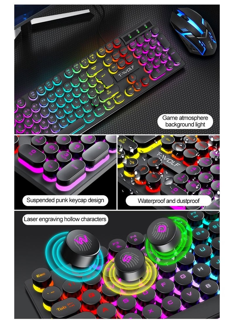 T-WOLF - 104-Key Wired Keyboard Mouse Combo Cool Rainbow Color Backlight Retro Punk Style Suspended Keycaps for Office PC Gaming - Image 1