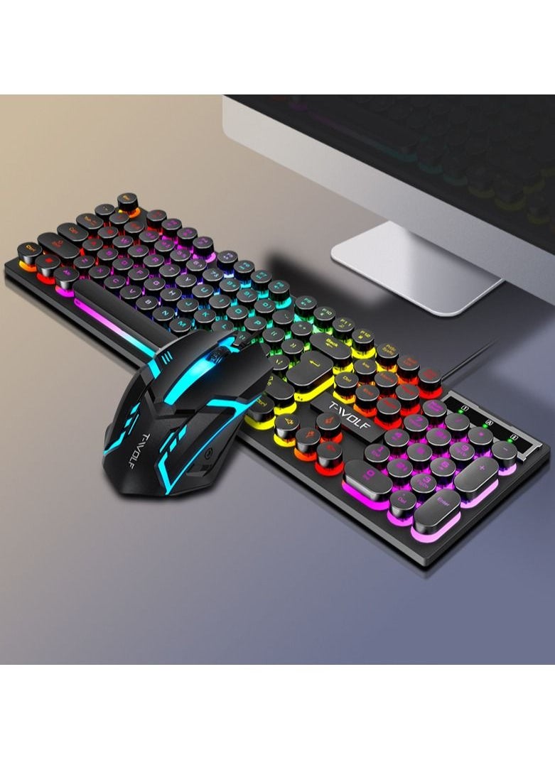 T-WOLF - 104-Key Wired Keyboard Mouse Combo Cool Rainbow Color Backlight Retro Punk Style Suspended Keycaps for Office PC Gaming - Image 1