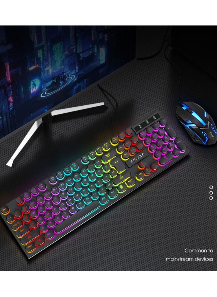 T-WOLF - 104-Key Wired Keyboard Mouse Combo Cool Rainbow Color Backlight Retro Punk Style Suspended Keycaps for Office PC Gaming - Image 1