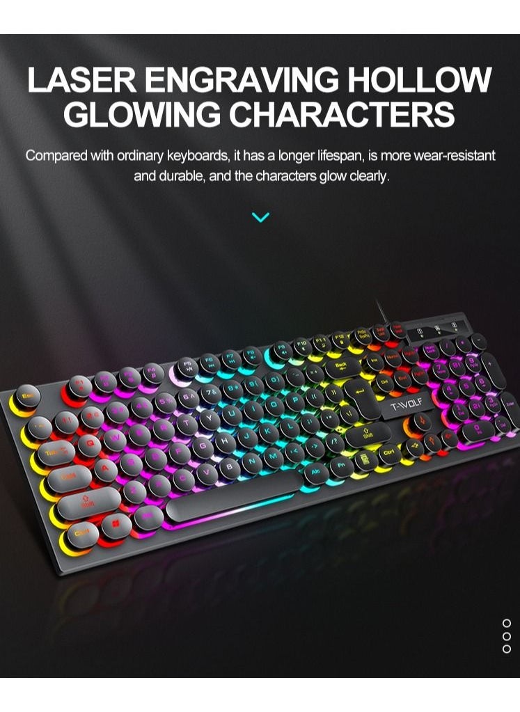 T-WOLF - 104-Key Wired Keyboard Mouse Combo Cool Rainbow Color Backlight Retro Punk Style Suspended Keycaps for Office PC Gaming - Image 1