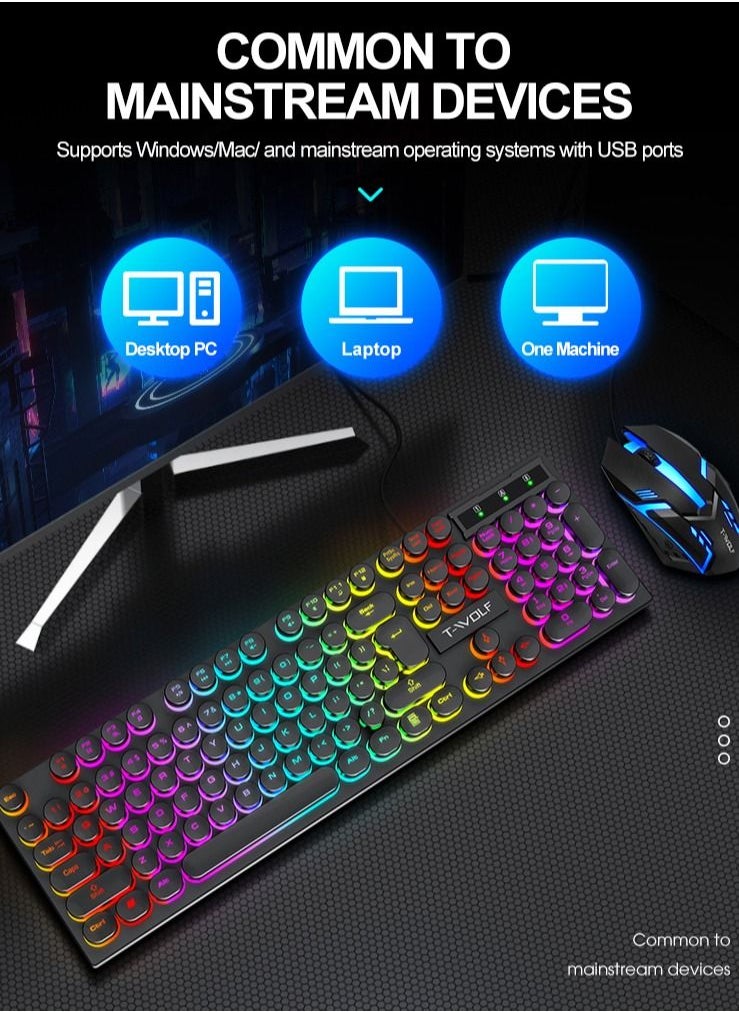 T-WOLF - 104-Key Wired Keyboard Mouse Combo Cool Rainbow Color Backlight Retro Punk Style Suspended Keycaps for Office PC Gaming - Image 1
