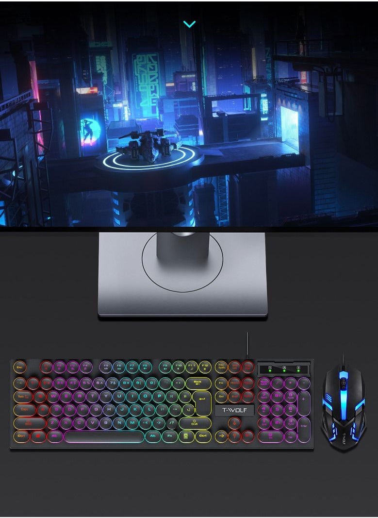 T-WOLF - 104-Key Wired Keyboard Mouse Combo Cool Rainbow Color Backlight Retro Punk Style Suspended Keycaps for Office PC Gaming - Image 1