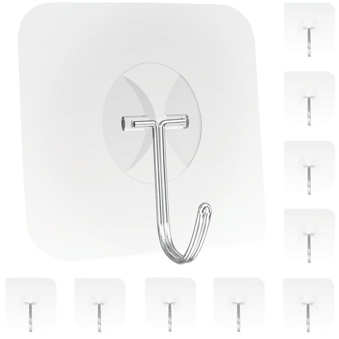 HEAVY DUTY ADHESIVE WALL HOOKS STRONG TRANSPARENT HOLD UP TO 22LB WATERPROOF REUSABLE IDEAL FOR KITCHEN BATHROOM AND OFFICE 10 PACK
