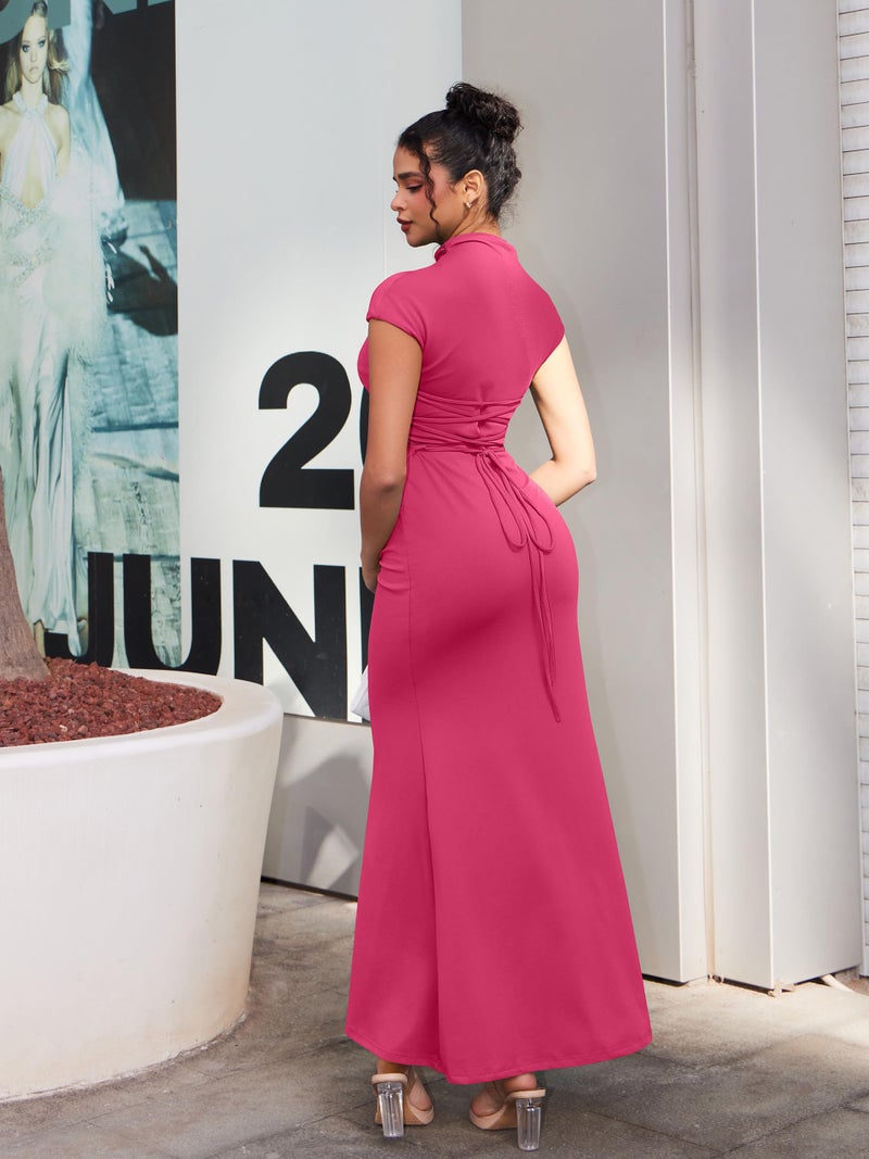 YMDUCH Women's Casual Short Sleeve Boat Neck Ruched High Split Bodycon Long Formal Dress Rose - Image 2