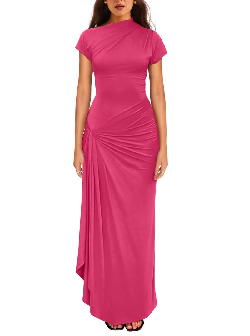 YMDUCH Women's Casual Short Sleeve Boat Neck Ruched High Split Bodycon Long Formal Dress Rose - Image 1