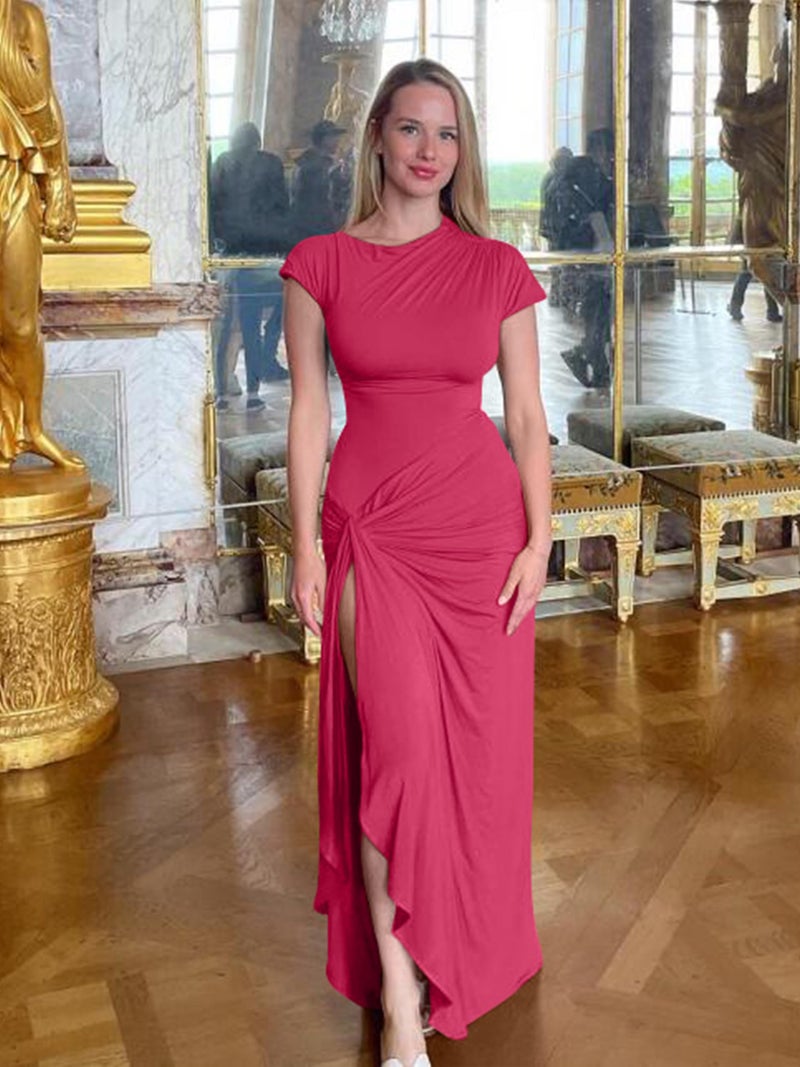 YMDUCH Women's Casual Short Sleeve Boat Neck Ruched High Split Bodycon Long Formal Dress Rose - Image 5