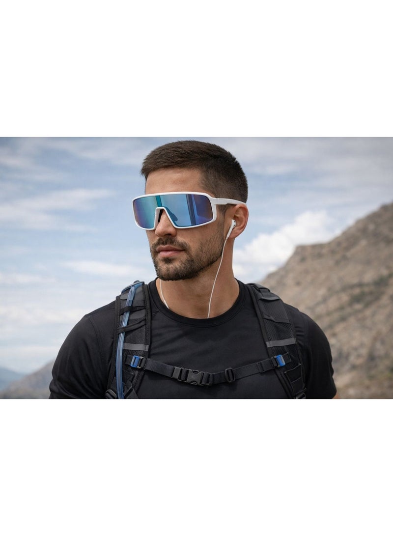 LUMIERE Men’s Sports Shield Sunglasses – UV400 Polarized Mirror Lens | Oversized Wraparound Cycling & Running Sunglasses – White Frame - Image 2