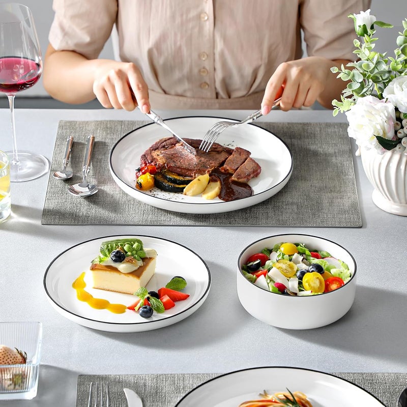 MALACASA LUNA Series 18 Piece Round Porcelain Dinnerware Set for 6 People with Flat Plates, Dessert Plates, Cereal Bowls, White Dinnerware Set with Black Rim - Image 5