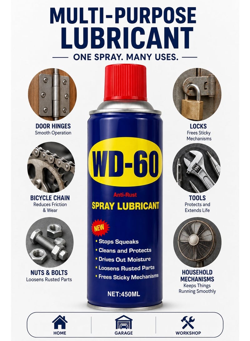 WD-60 Anti-Rust Spray Lubricant 450ml – Multi-Purpose Penetrating Lubricant for Rusted Parts, Hinges, Locks, Nuts, Bolts, Chains, Tools & Sticky Mechanisms - Image 4
