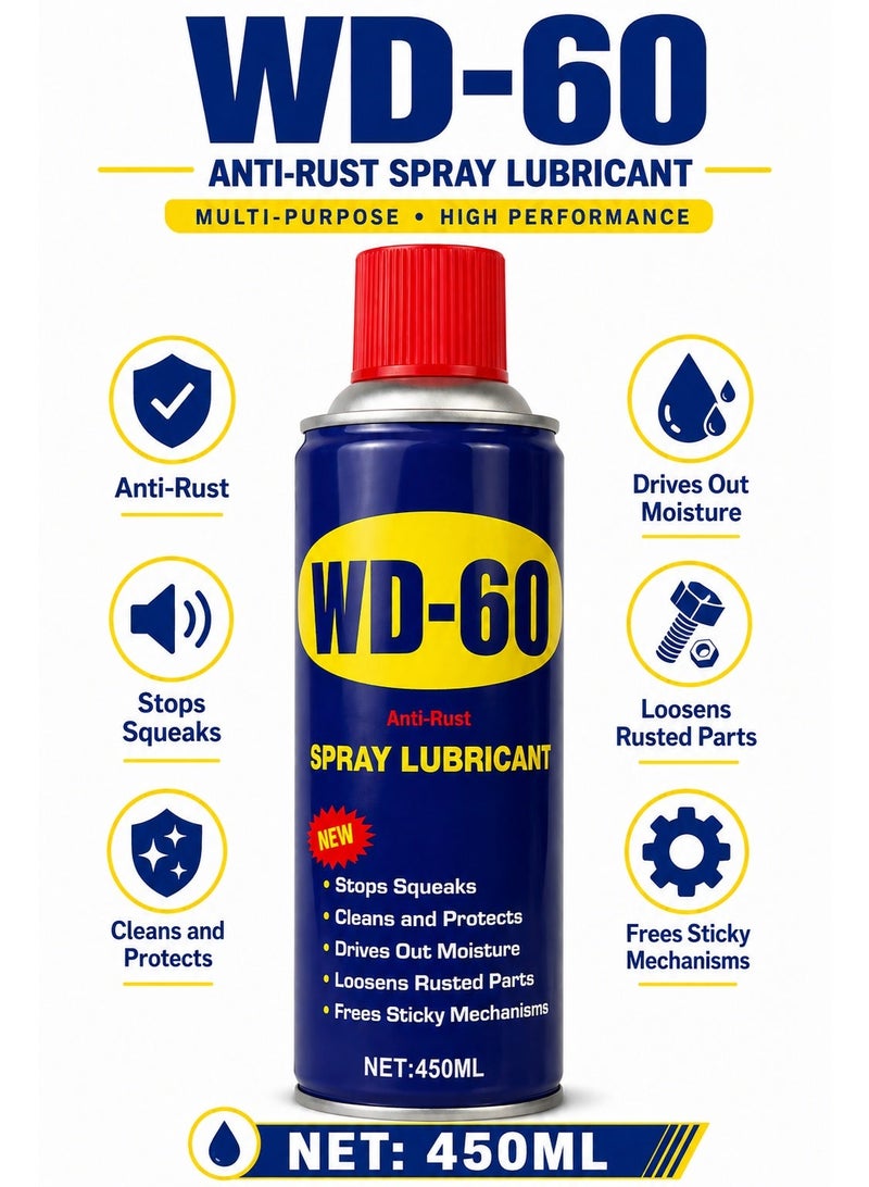 WD-60 Anti-Rust Spray Lubricant 450ml – Multi-Purpose Penetrating Lubricant for Rusted Parts, Hinges, Locks, Nuts, Bolts, Chains, Tools & Sticky Mechanisms - Image 2