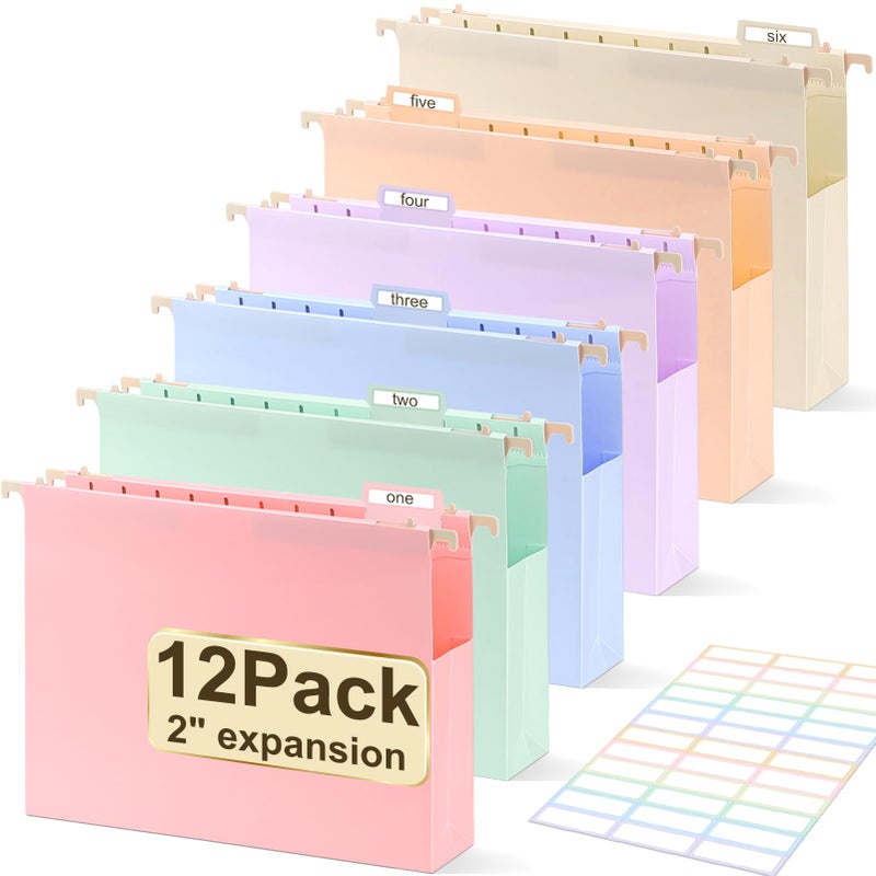YOPCDJ Extra Capacity Plastic Hanging File Folders Letter Size,12 Pack 2 Inch Capacity Hanging File folders with Tabs,Heavy Duty for Filing Cabinet,Home and Office File,Pastel Colors - Image 1