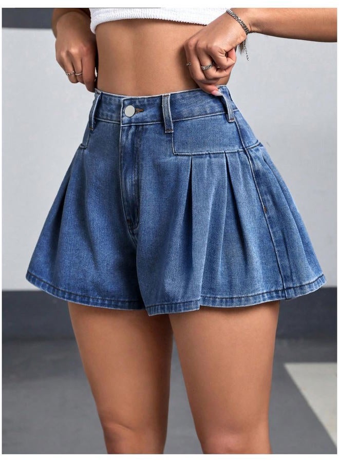 MakeMeChic Women's Pleated Zip Fly Button Front Wide Leg Denim Shorts Jean Skort Blue 27 - Image 3